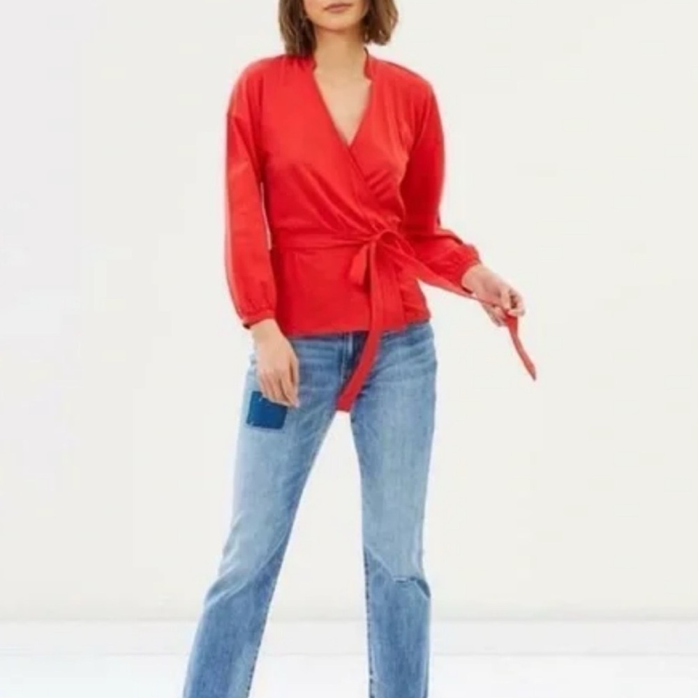 NWT J. Crew Wrap Top Blouse Long Sleeve Solid Red Cotton Adjustable Extra Small